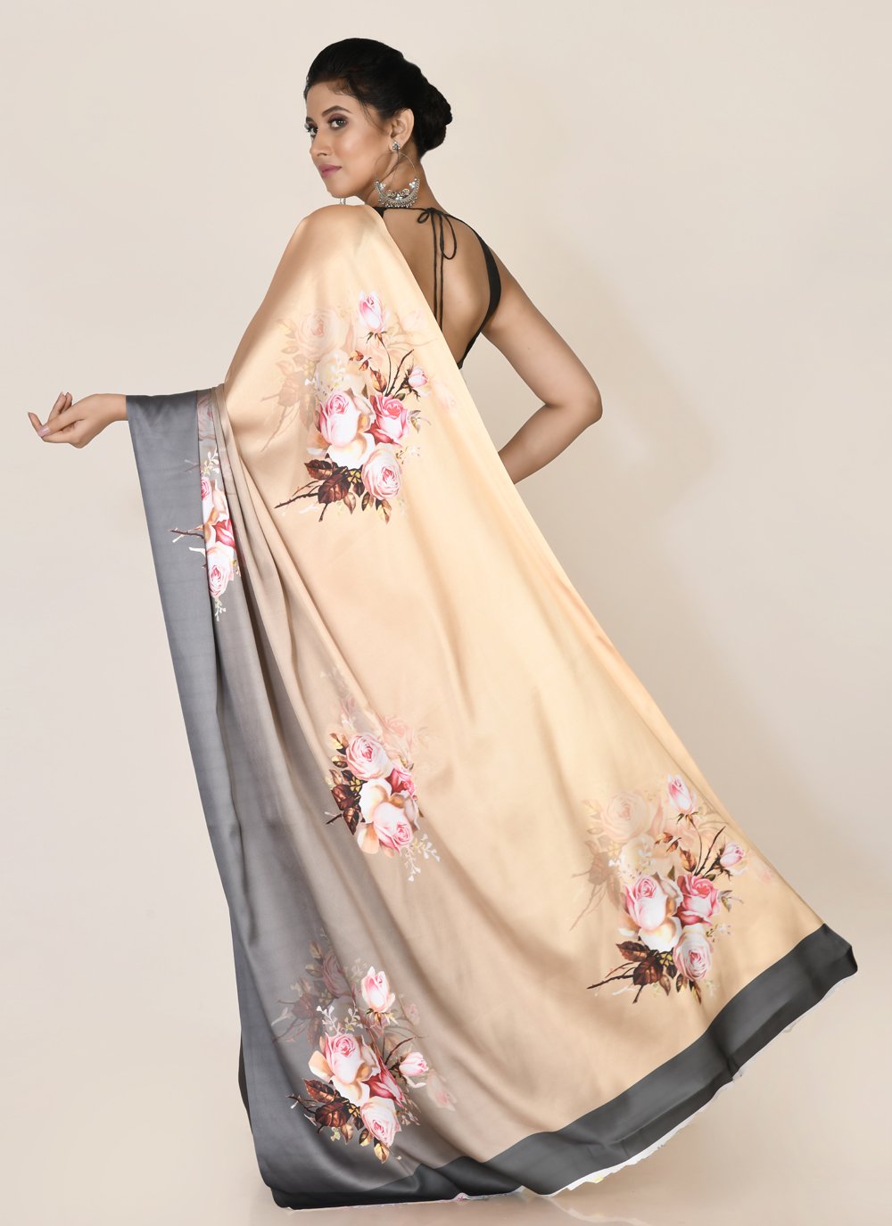 Designer Satin Cream Grey Digital Print Saree