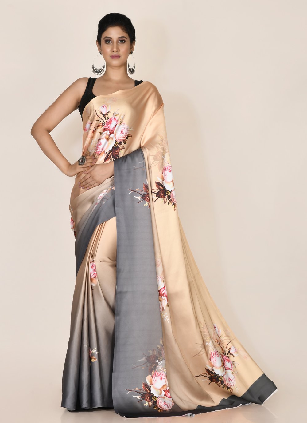 Designer Satin Cream Grey Digital Print Saree