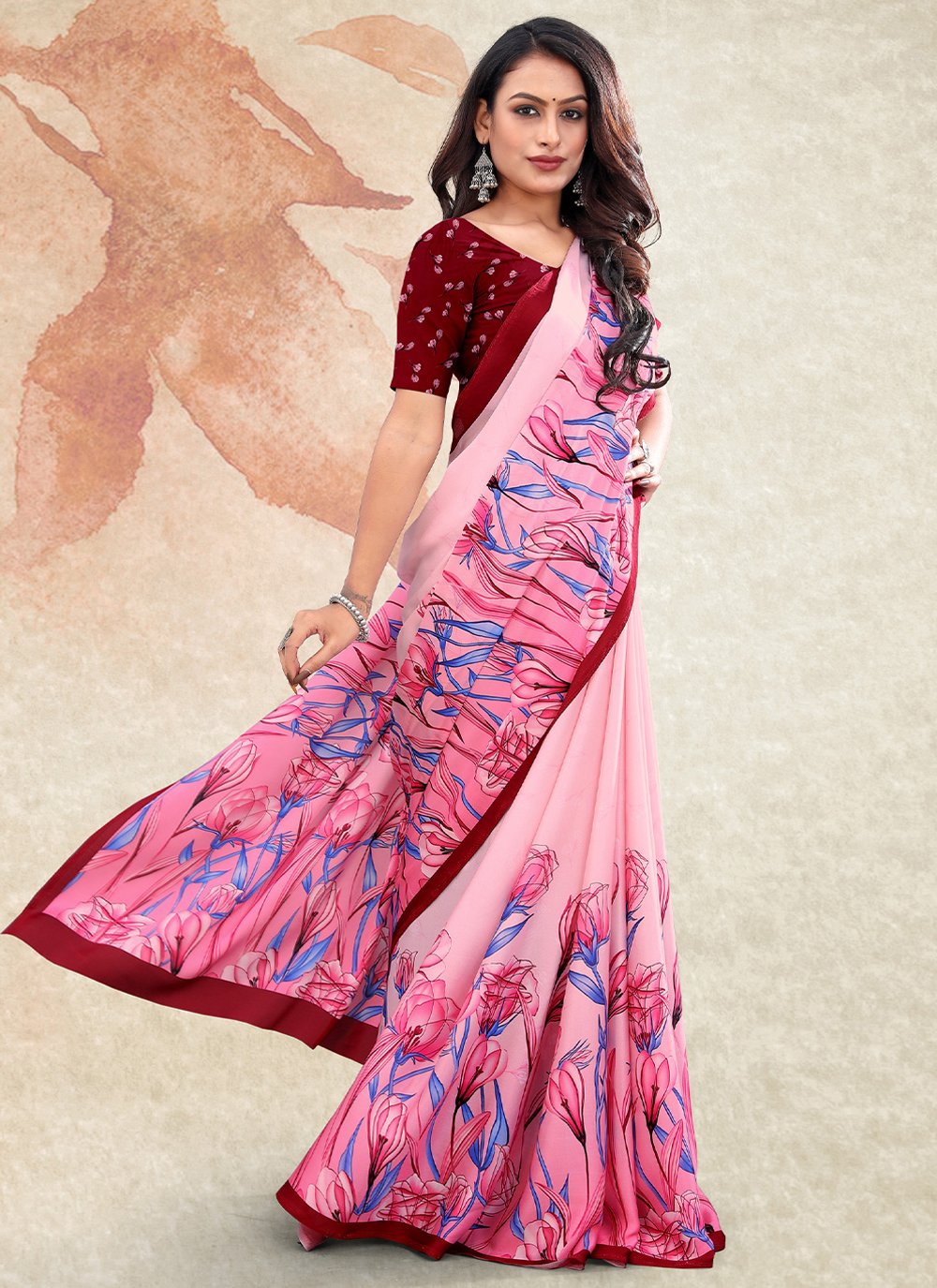 Classic Satin Pink Digital Print Saree