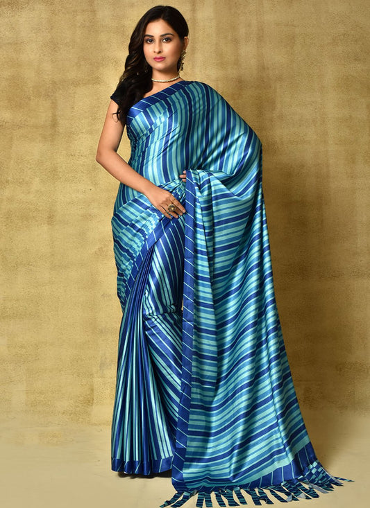 Contemporary Satin Blue Digital Print Saree