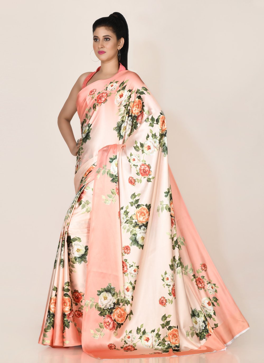 Designer Satin Peach Digital Print Saree