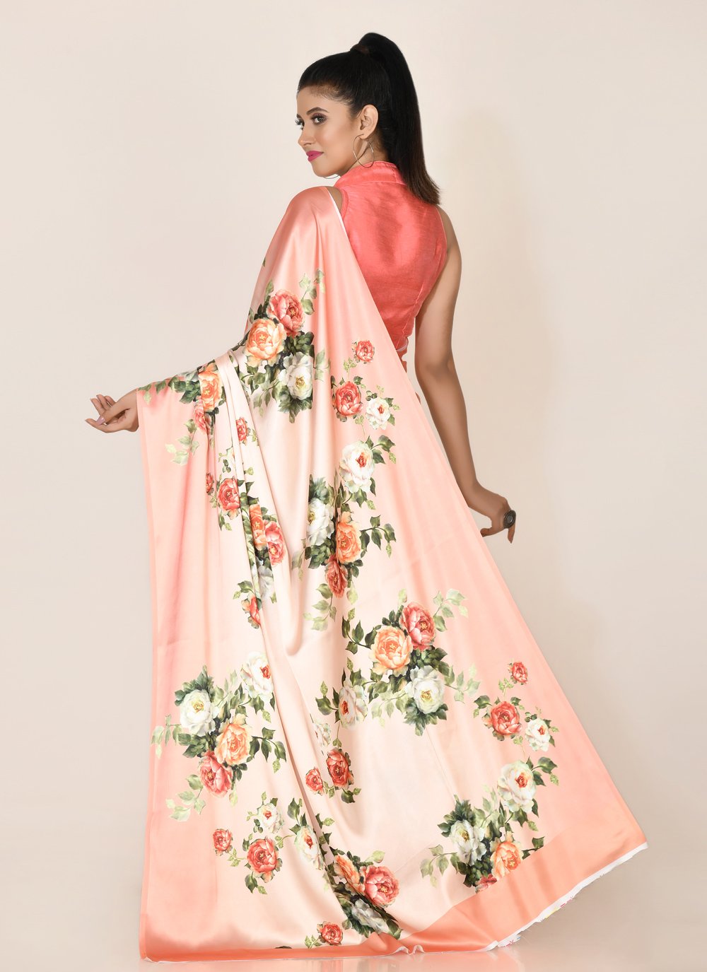 Designer Satin Peach Digital Print Saree