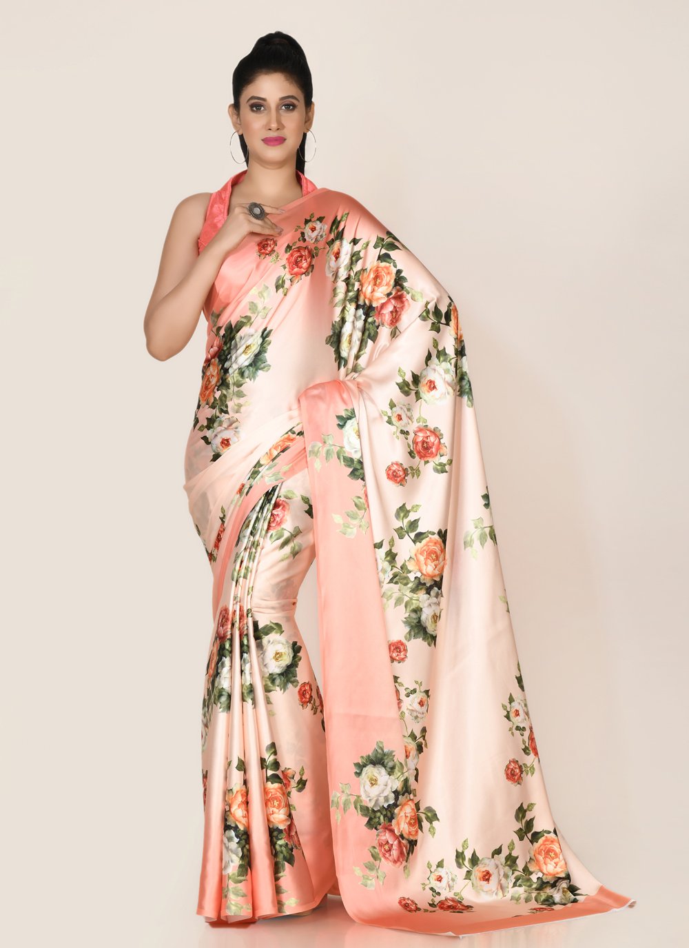 Designer Satin Peach Digital Print Saree