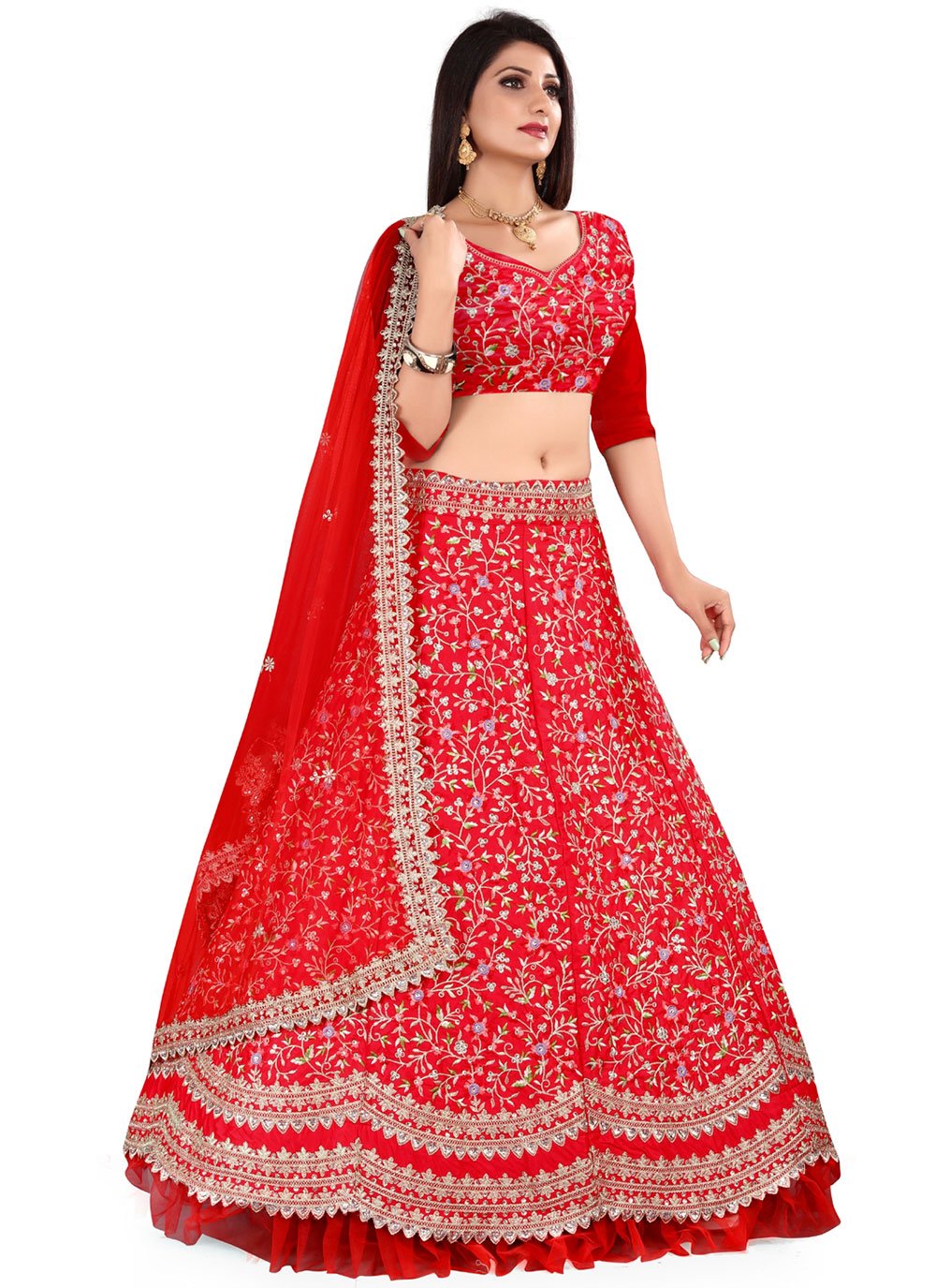 A Line Lehenga Satin Red Embroidered Lehenga Choli