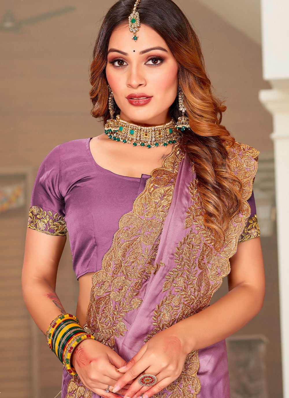 Designer Satin Lavender Embroidered Saree