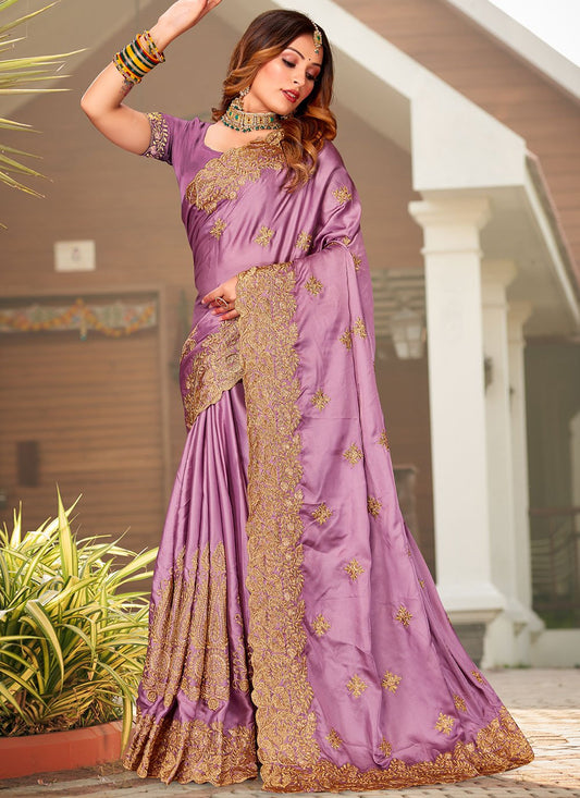 Designer Satin Lavender Embroidered Saree