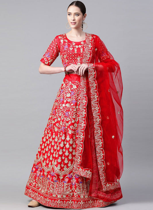 Lehenga Choli Satin Red Embroidered Lehenga Choli