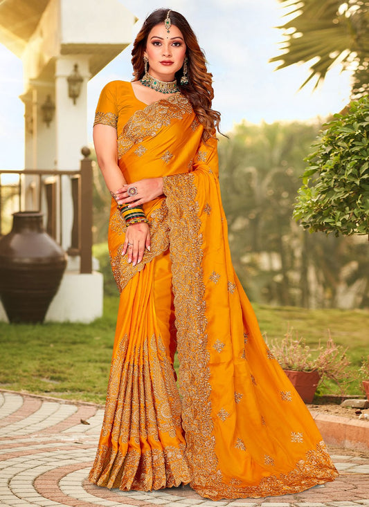 Trendy Saree Satin Mustard Embroidered Saree