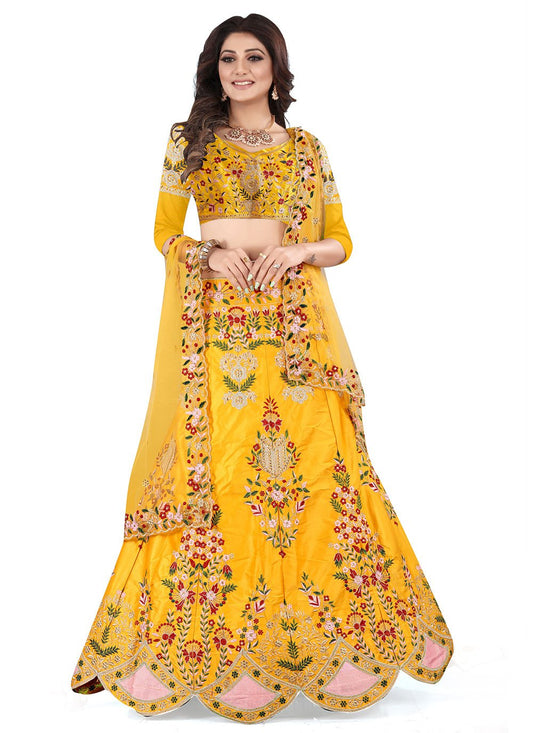 Lehenga Choli Satin Yellow Embroidered Lehenga Choli