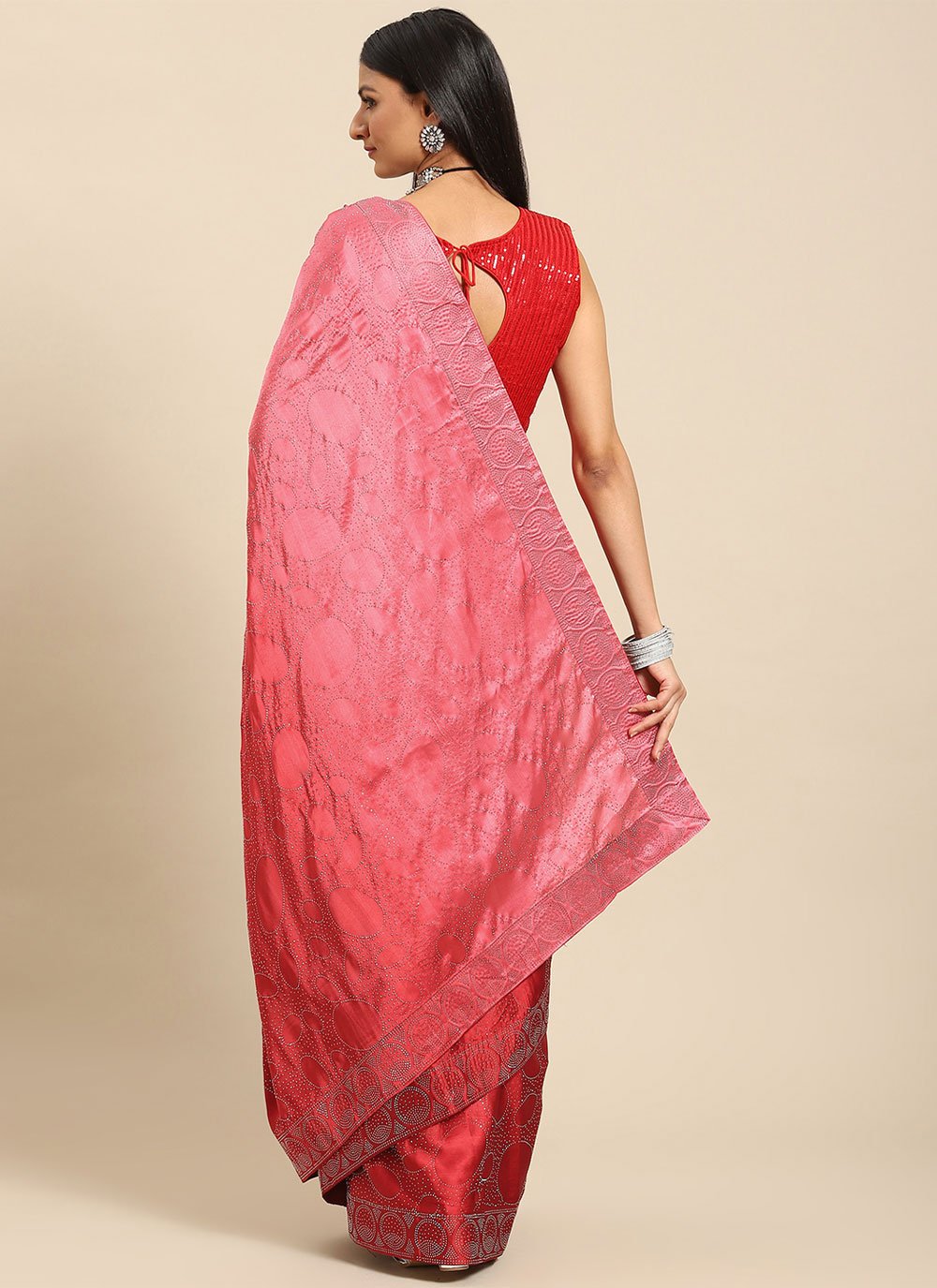 Classic Satin Pink Floral Patch Saree