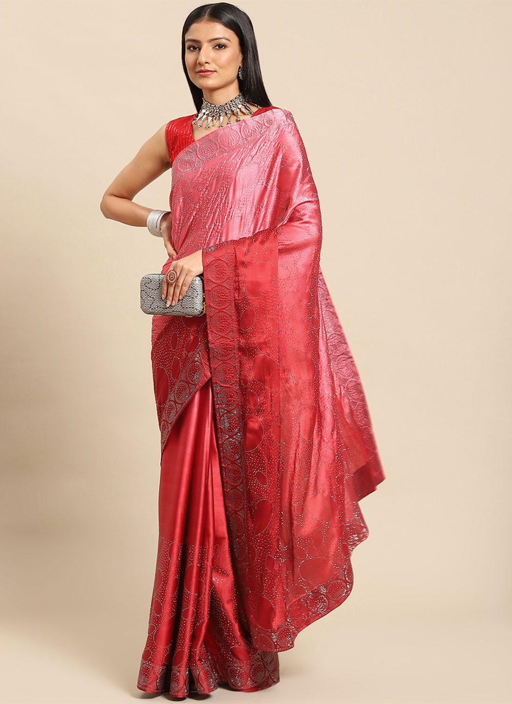 Classic Satin Pink Floral Patch Saree