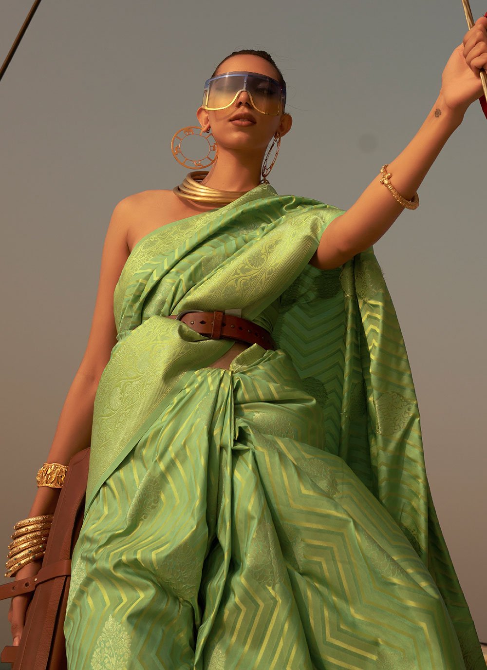 Contemporary Nylon Satin Green Weaving Saree