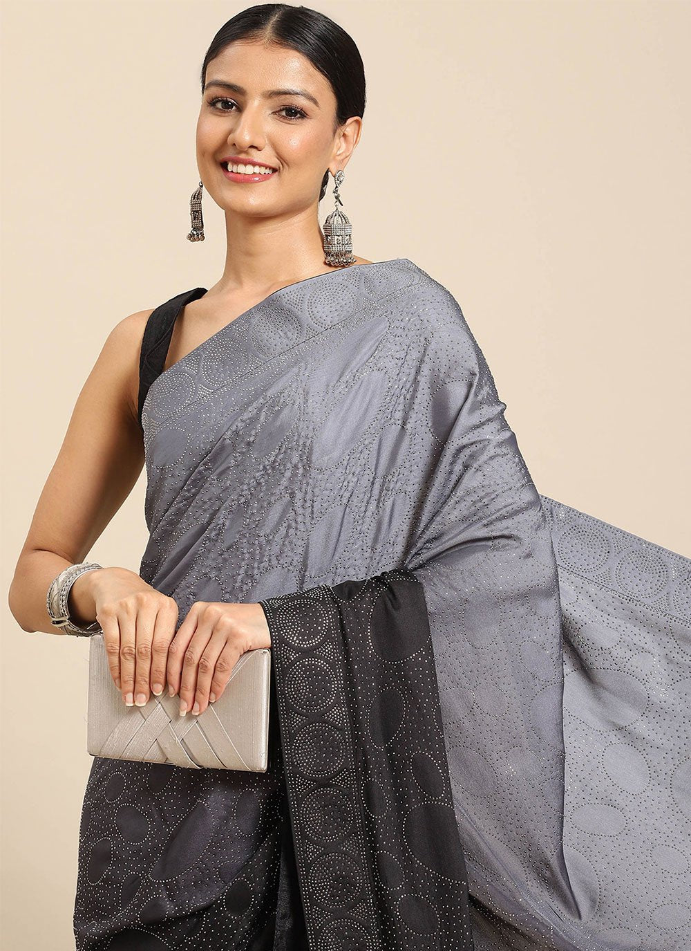 Contemporary Satin Grey Floral Patch Saree