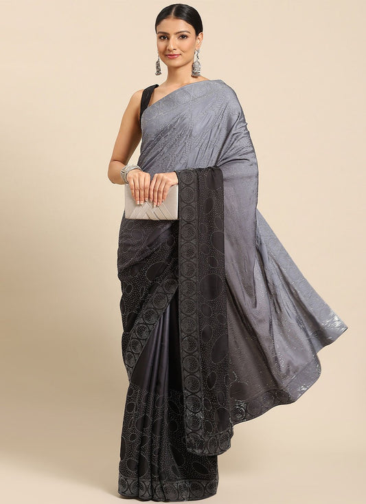 Contemporary Satin Grey Floral Patch Saree