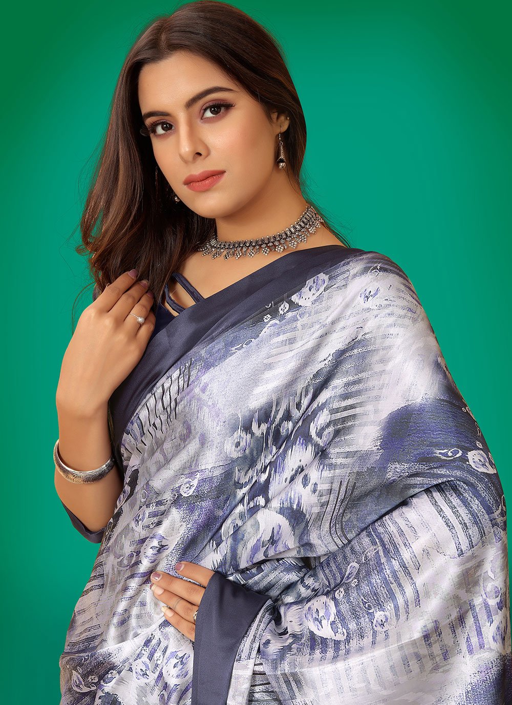 Classic Satin Grey Digital Print Saree