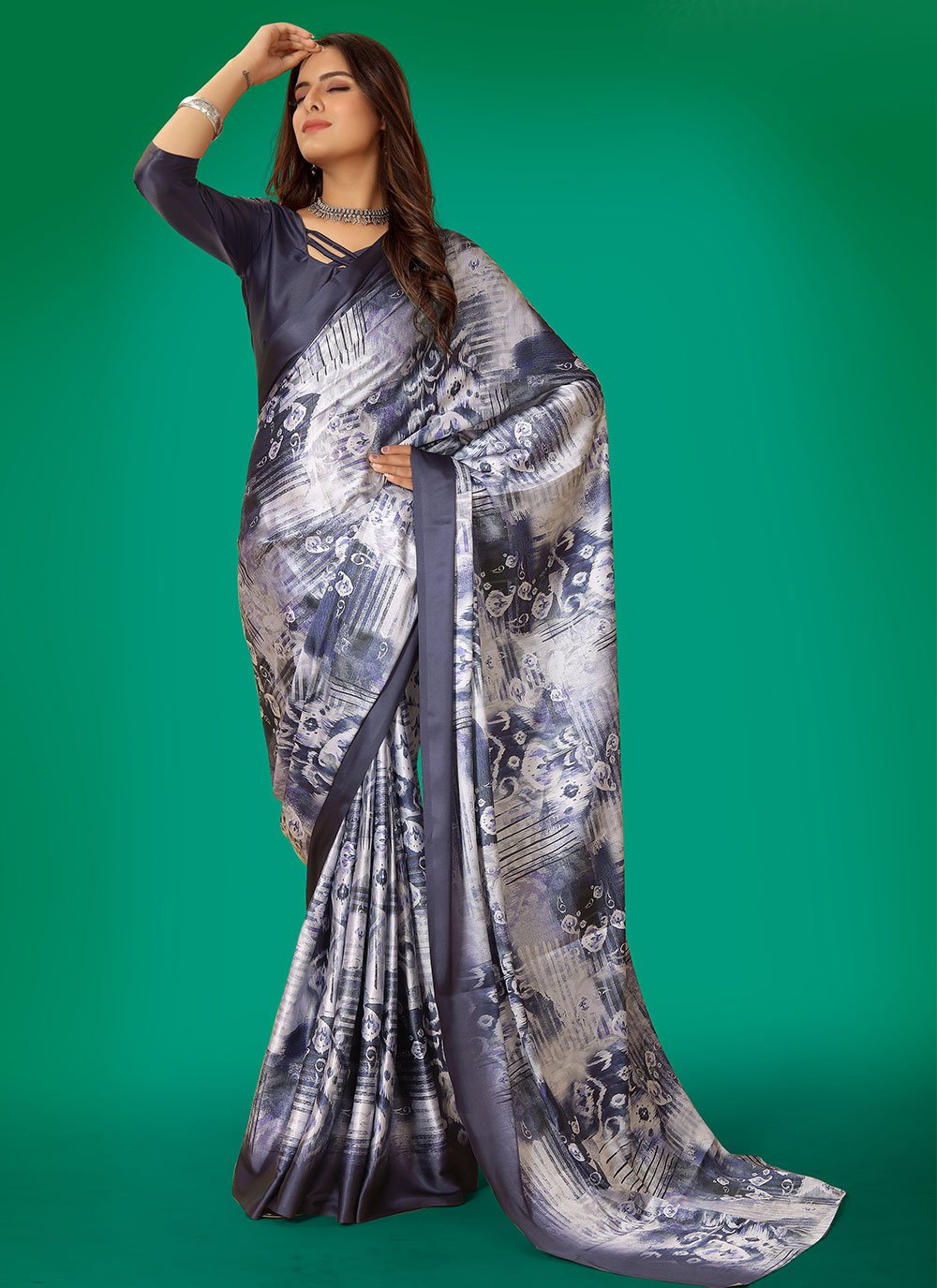 Classic Satin Grey Digital Print Saree