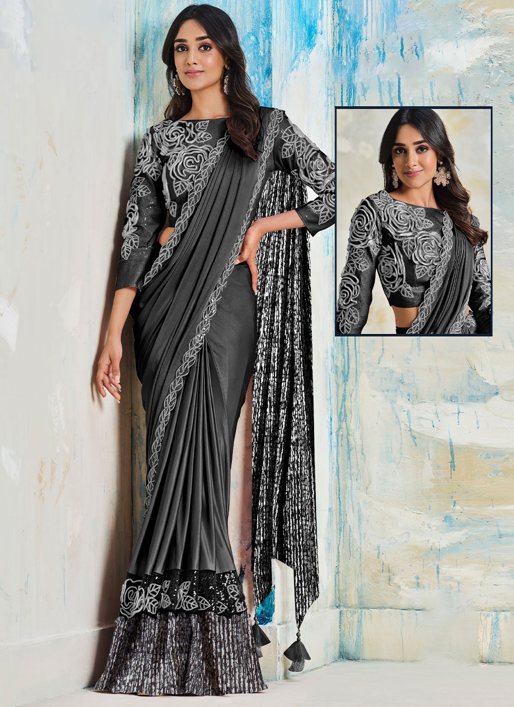 Trendy Saree Faux Crepe Satin Grey Applique Work Saree