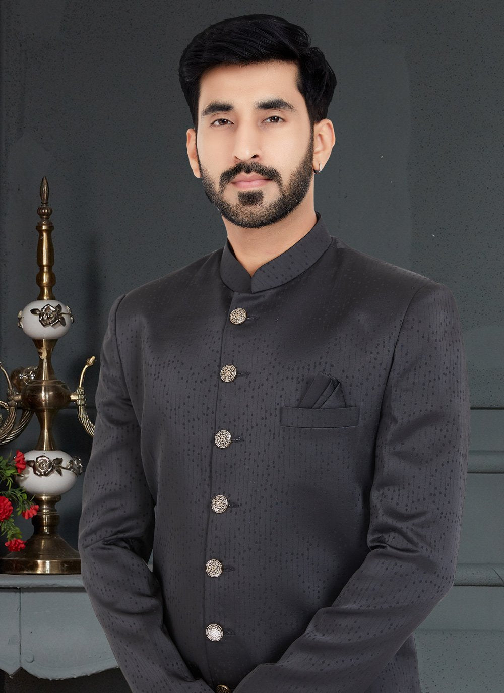 Indo Western Satin Black Weaving Mens