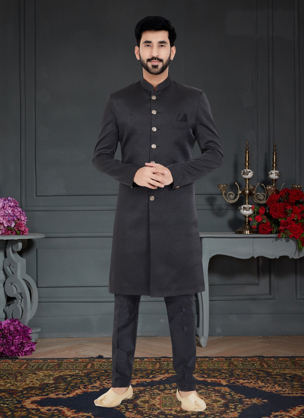 Indo Western Satin Black Weaving Mens