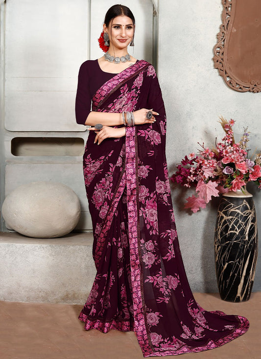 Contemporary Satin Wine Lace Saree