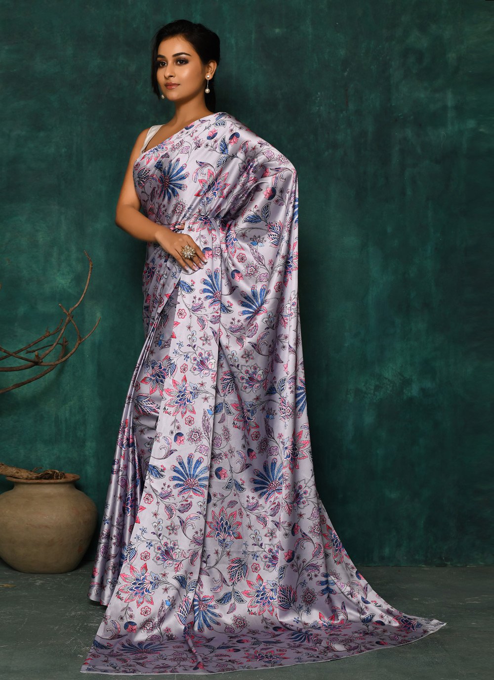 Designer Satin Lavender Digital Print Saree