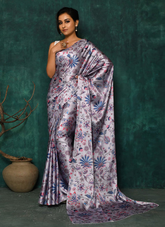 Designer Satin Lavender Digital Print Saree