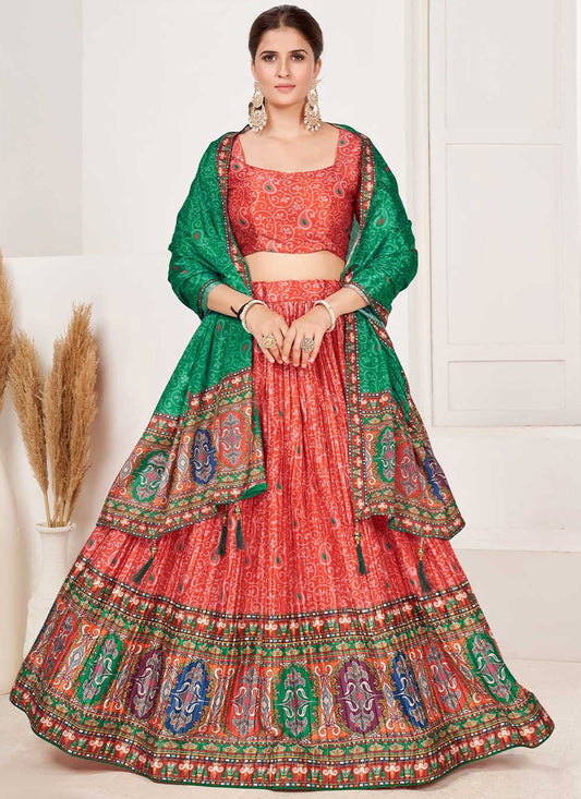 Lehenga Choli Satin Red Digital Print Lehenga Choli