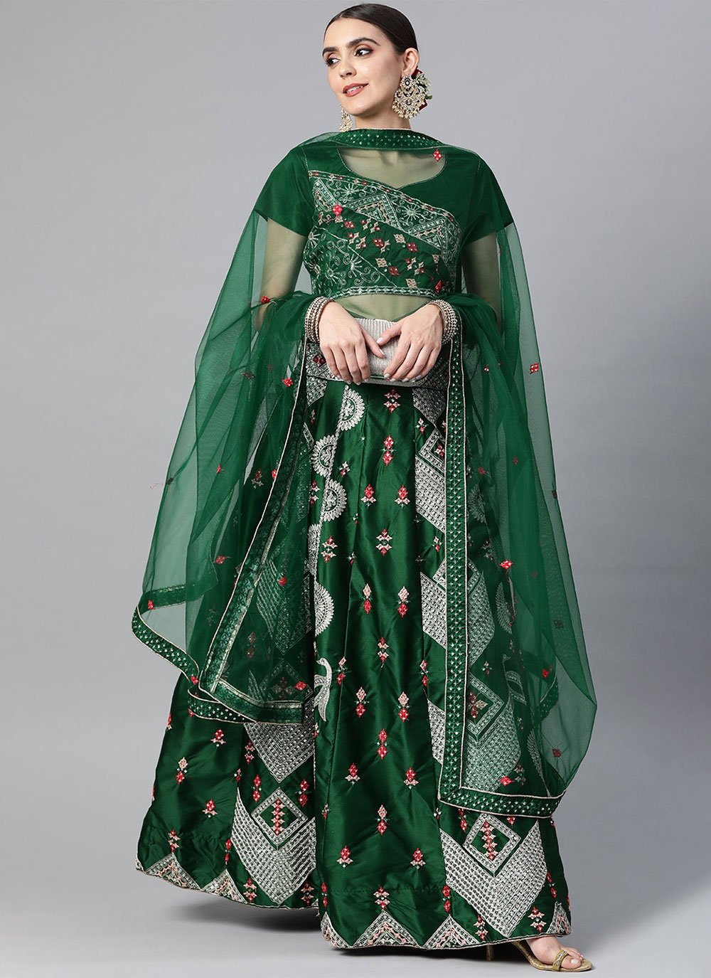 Lehenga Choli Satin Green Embroidered Lehenga Choli