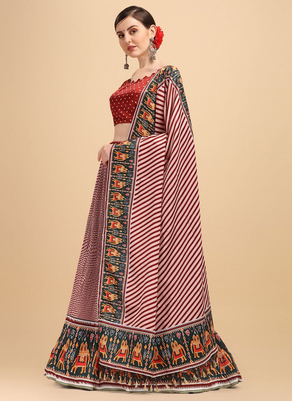 Lehenga Choli Satin Maroon Digital Print Lehenga Choli