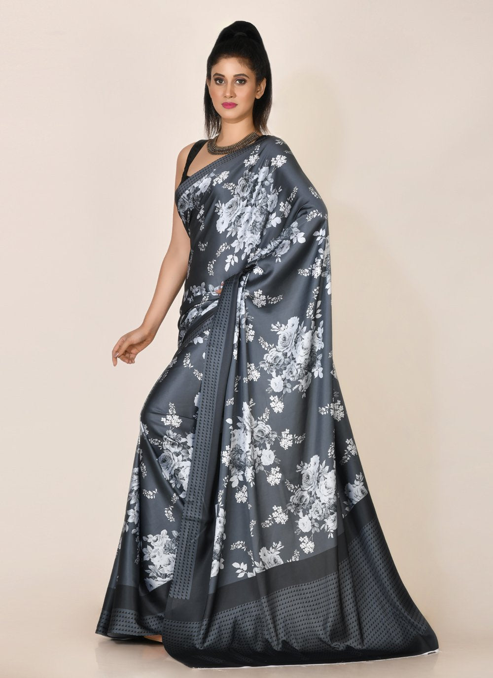 Designer Satin Grey Digital Print Saree