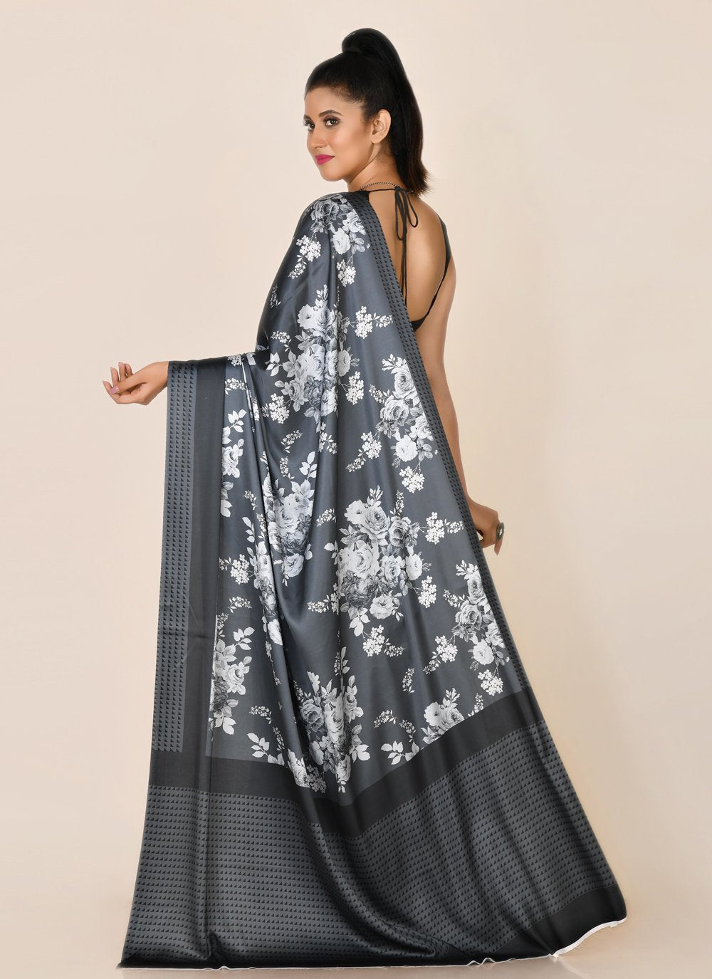 Designer Satin Grey Digital Print Saree