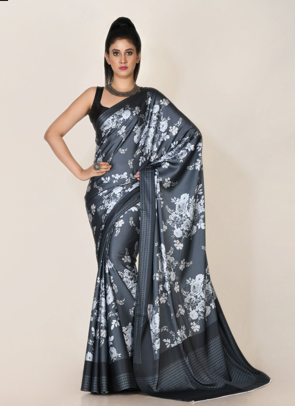 Designer Satin Grey Digital Print Saree