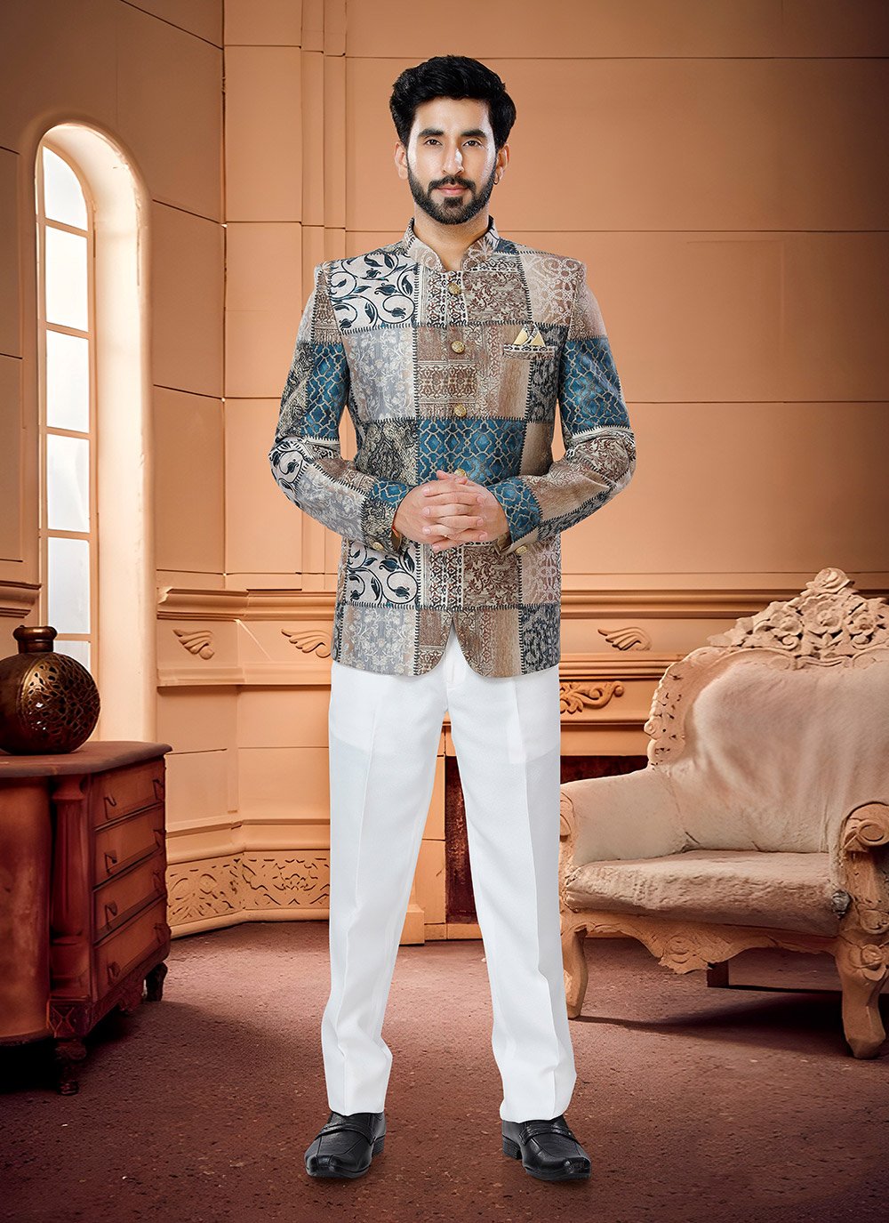 Jodhpuri Suit Satin Multi Colour Fancy Work Mens