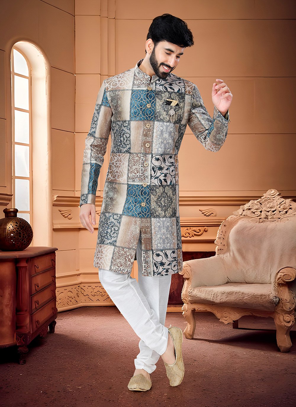 Indo Western Satin Multi Colour Fancy Work Mens