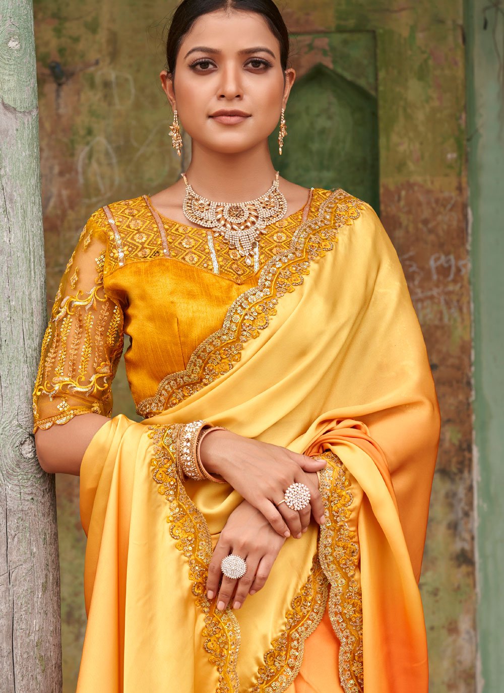 Trendy Saree Satin Mustard Embroidered Saree