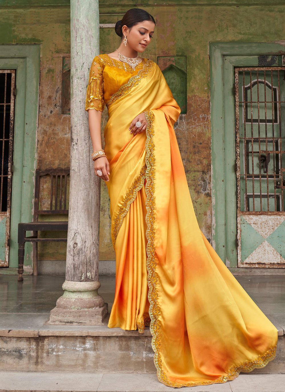 Trendy Saree Satin Mustard Embroidered Saree