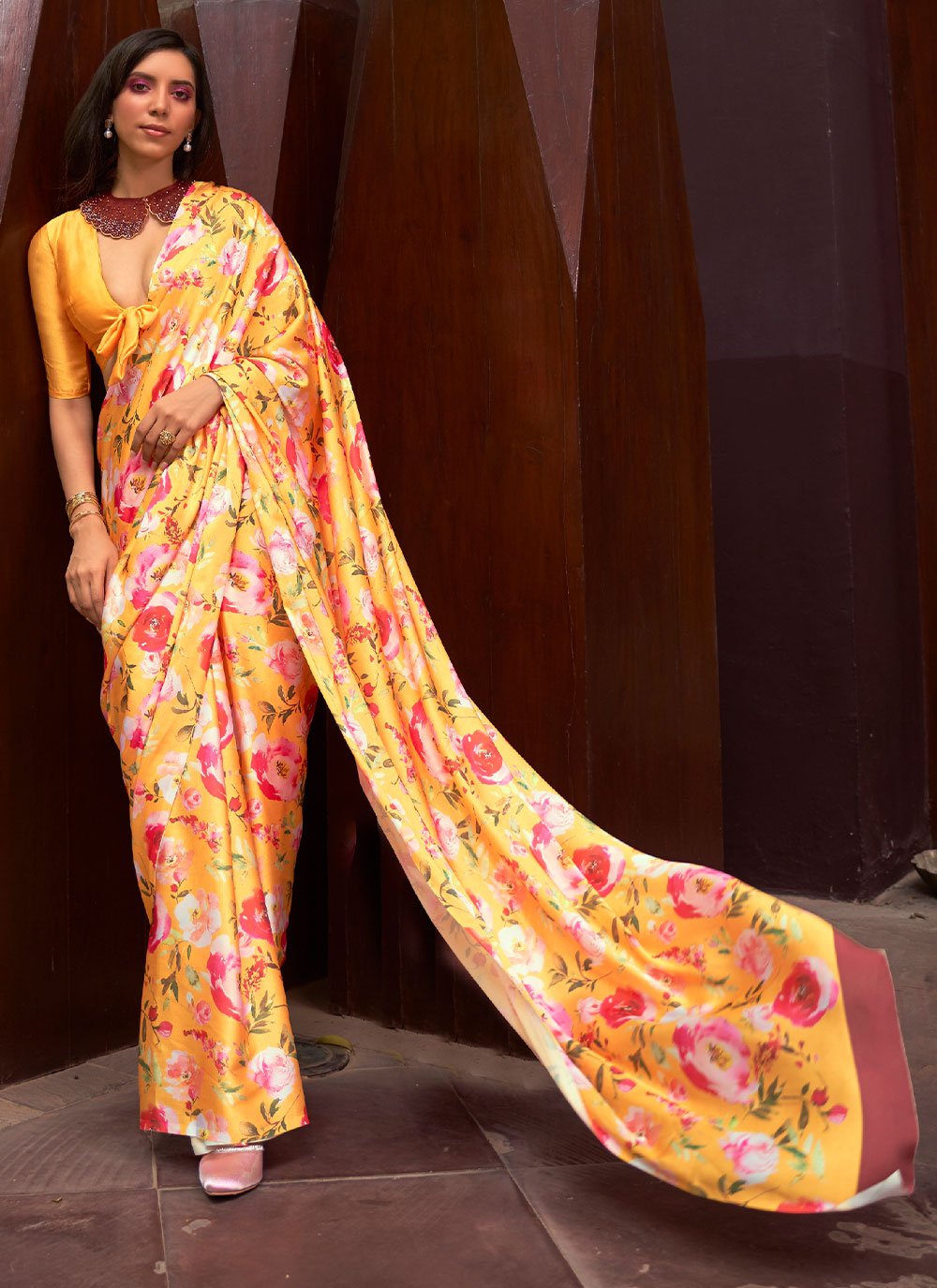 Trendy Saree Satin Orange Floral Patch Saree