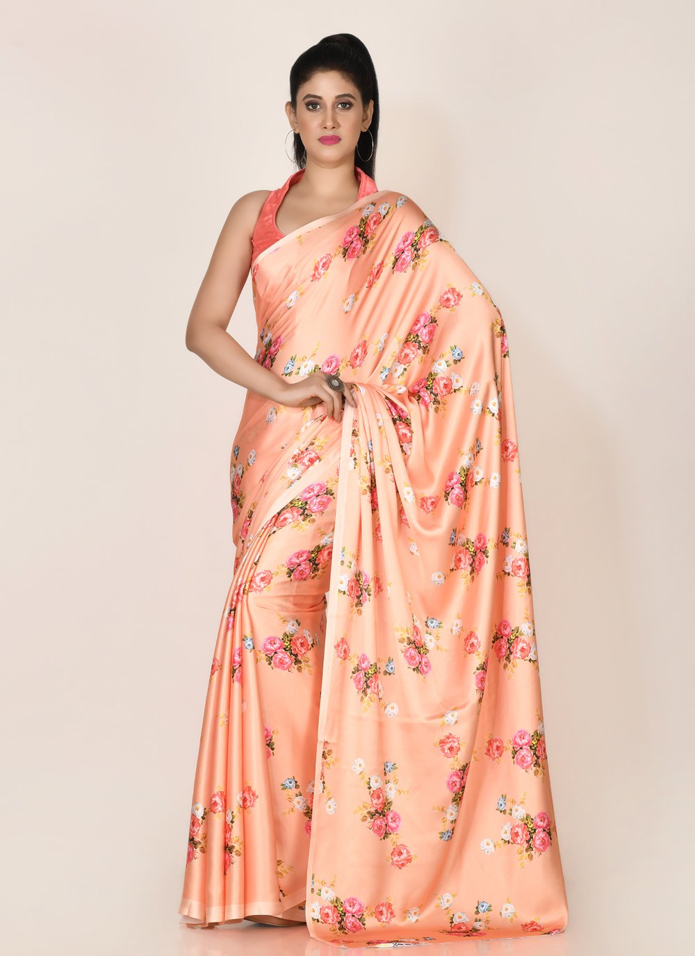 Designer Satin Peach Digital Print Saree