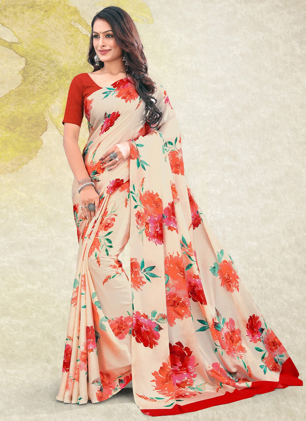 Classic Satin Peach Floral Patch Saree