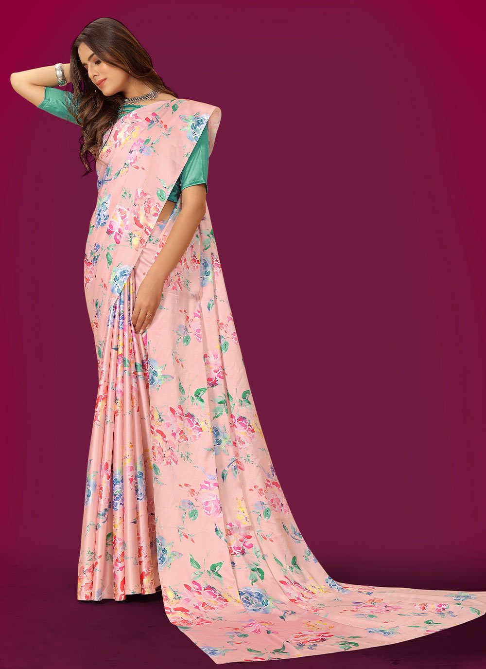 Classic Satin Peach Digital Print Saree