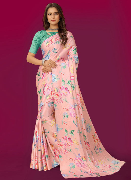 Classic Satin Peach Digital Print Saree