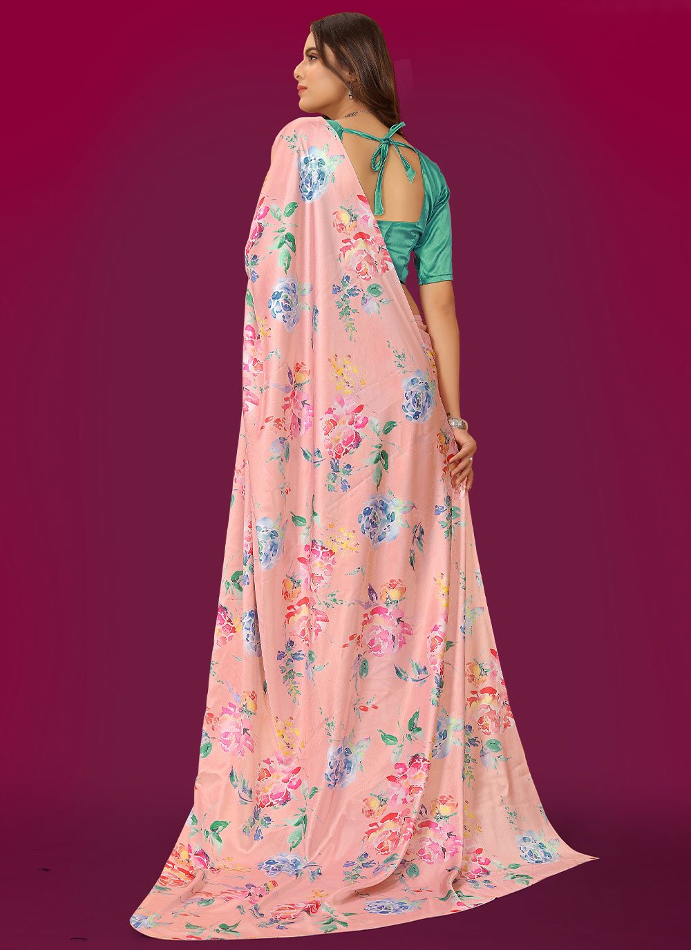 Classic Satin Peach Digital Print Saree