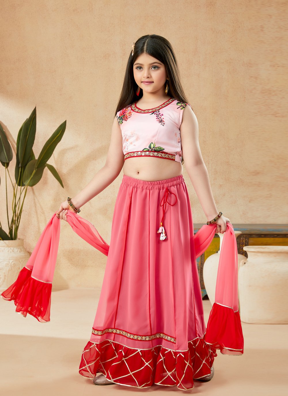 Lehenga Choli Satin Pink Embroidered Kids