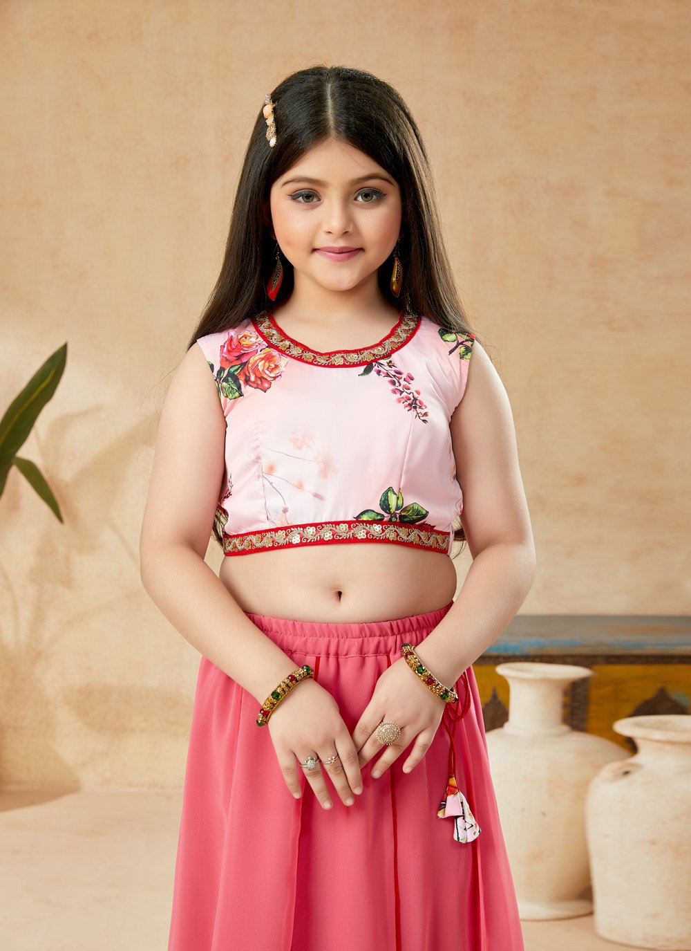 Lehenga Choli Satin Pink Embroidered Kids