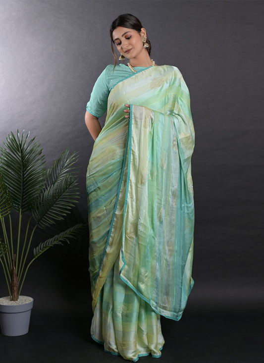 Classic Satin Sea Green Print Saree