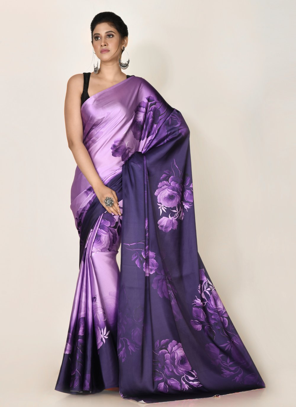 Designer Satin Purple Digital Print Saree