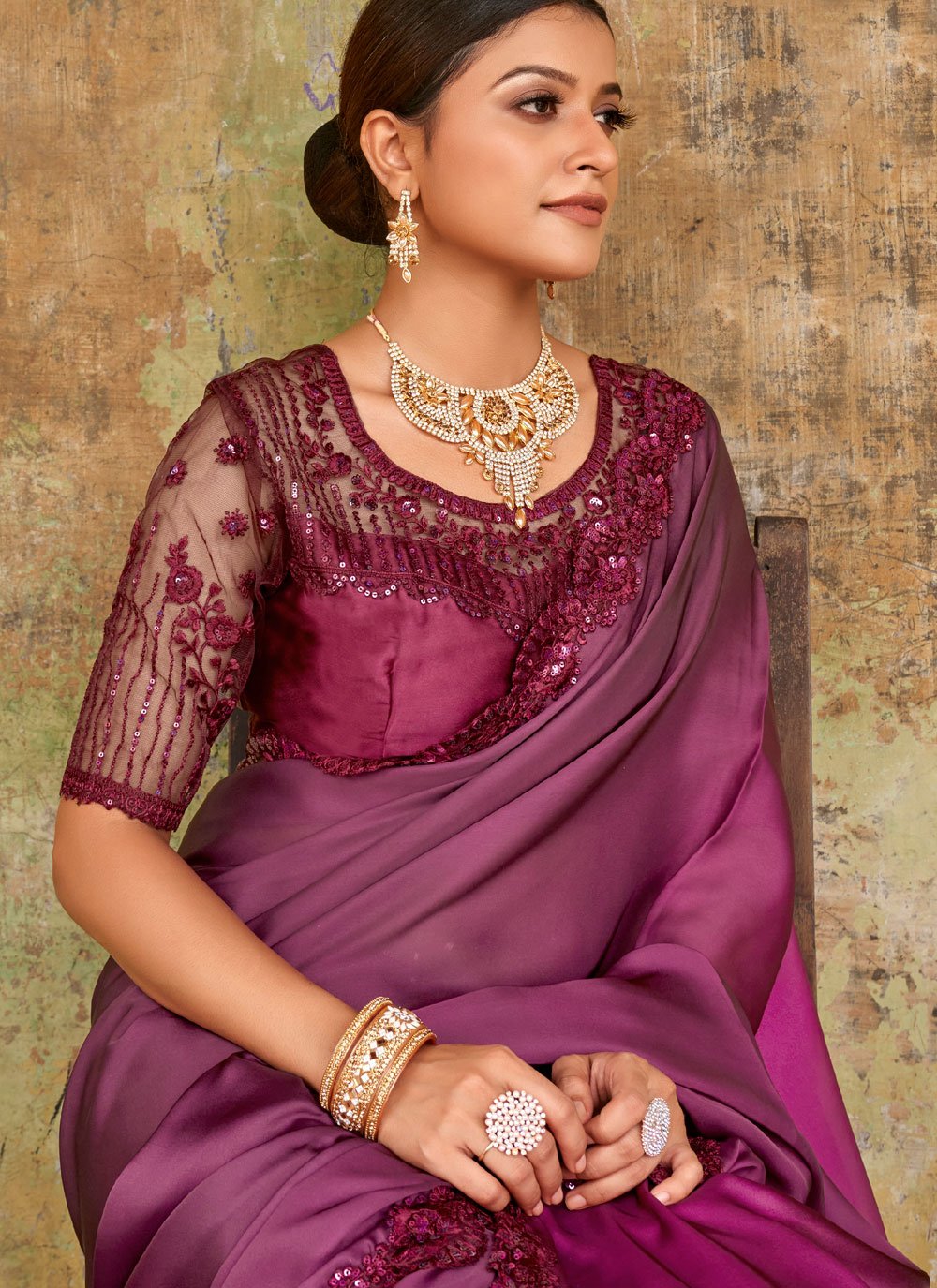 Classic Satin Purple Embroidered Saree