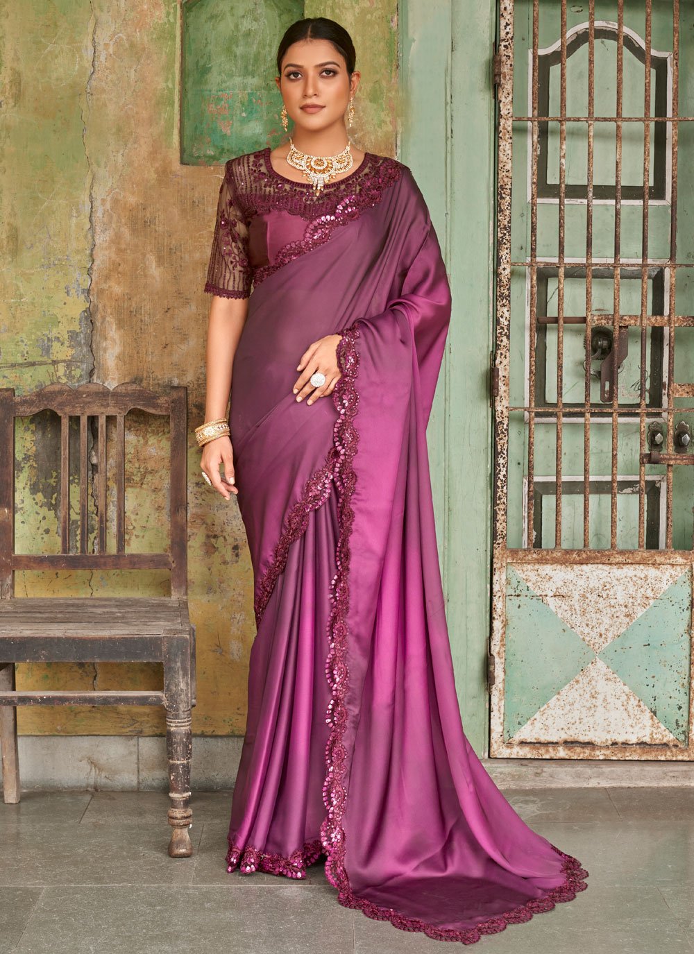 Classic Satin Purple Embroidered Saree