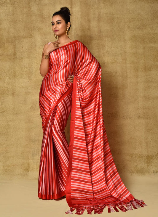 Classic Satin Red Digital Print Saree