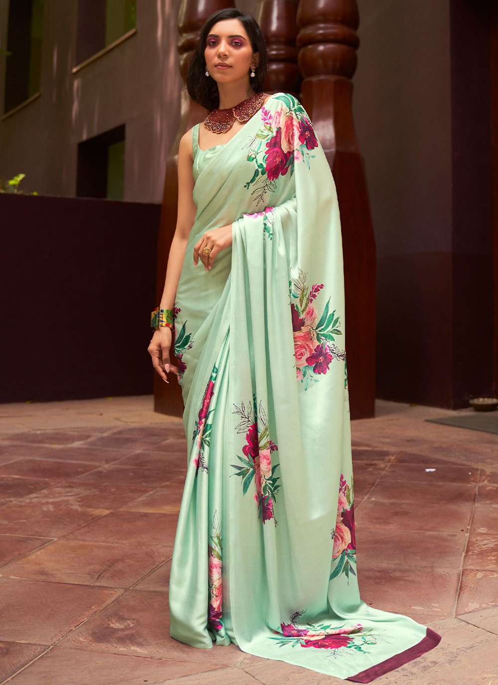 Classic Satin Sea Green Floral Patch Saree